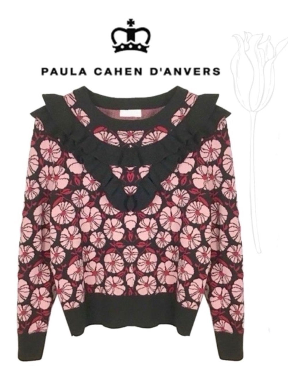 Paula Cahen D'Anvers Wool Blend Black and Pink Flower Petals Sweater